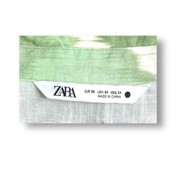 ZARA XS Green Cream Abstract Artsy Print Blouse Beaded Collar Boho Festival Y2K - Picture 10 of 11
